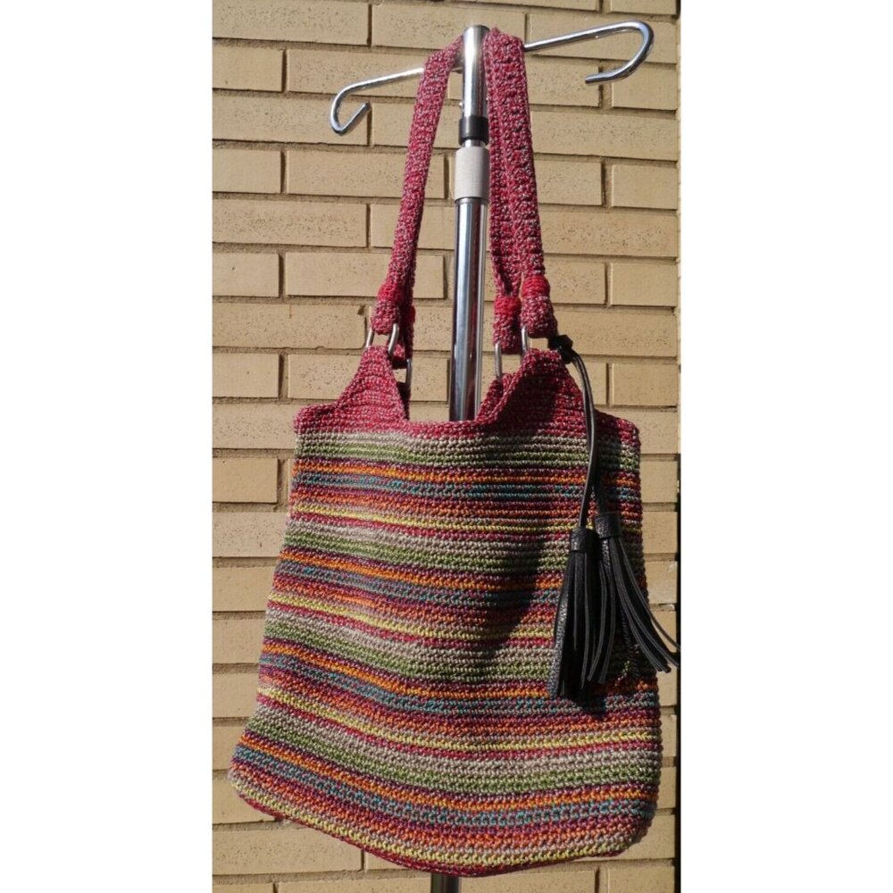 The Sak Belle 103388 Purse Knit Crochet Striped Shoulder Bag Hobo Boho Lined red